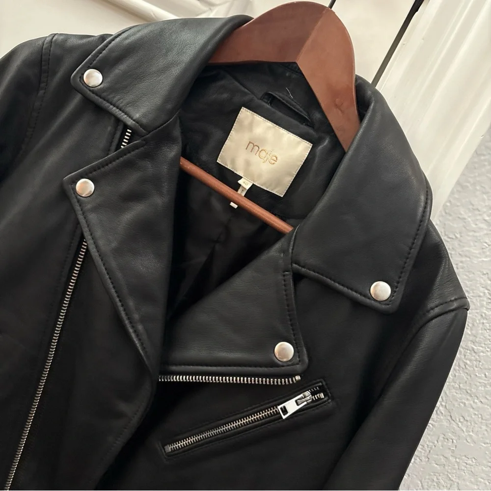 Maje Bostep Blouson Moto Lambskin Leather Jacket FR 40 or US 8 Black Biker - Picture 14 of 14